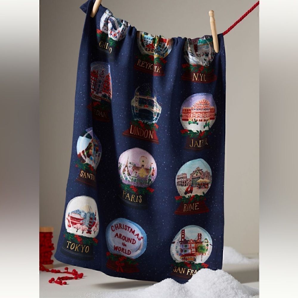 NWT ANTHROPOLOGIE Travel Snow Globes Dish Towel Blue